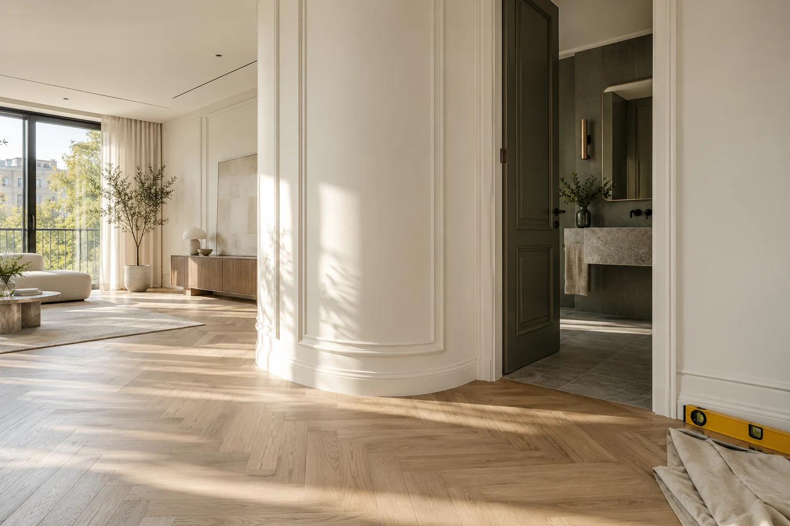 Inspiracja: salon z dębową podłogą, obłą sztukaterią i wejściem do łazienki